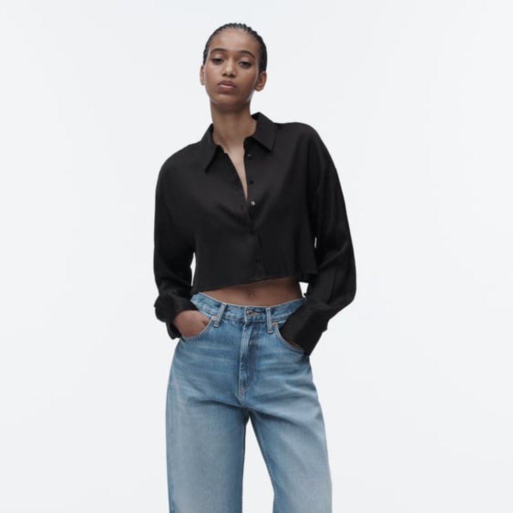 NEW ZARA black satin crop top shirt